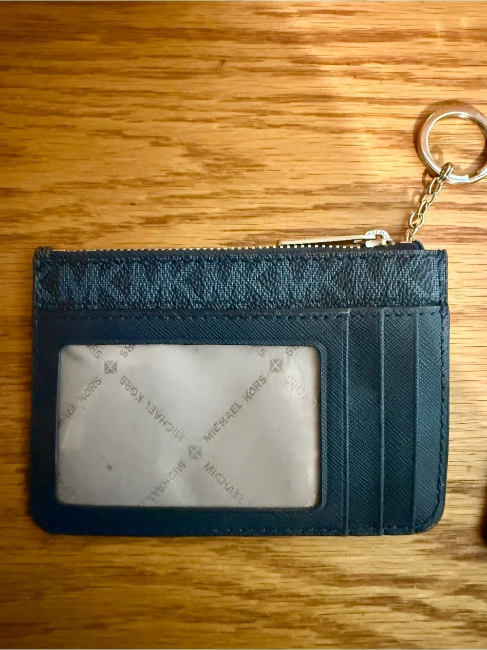 Michael Kors Navy Monogram Card Holder with silver tone purse charm